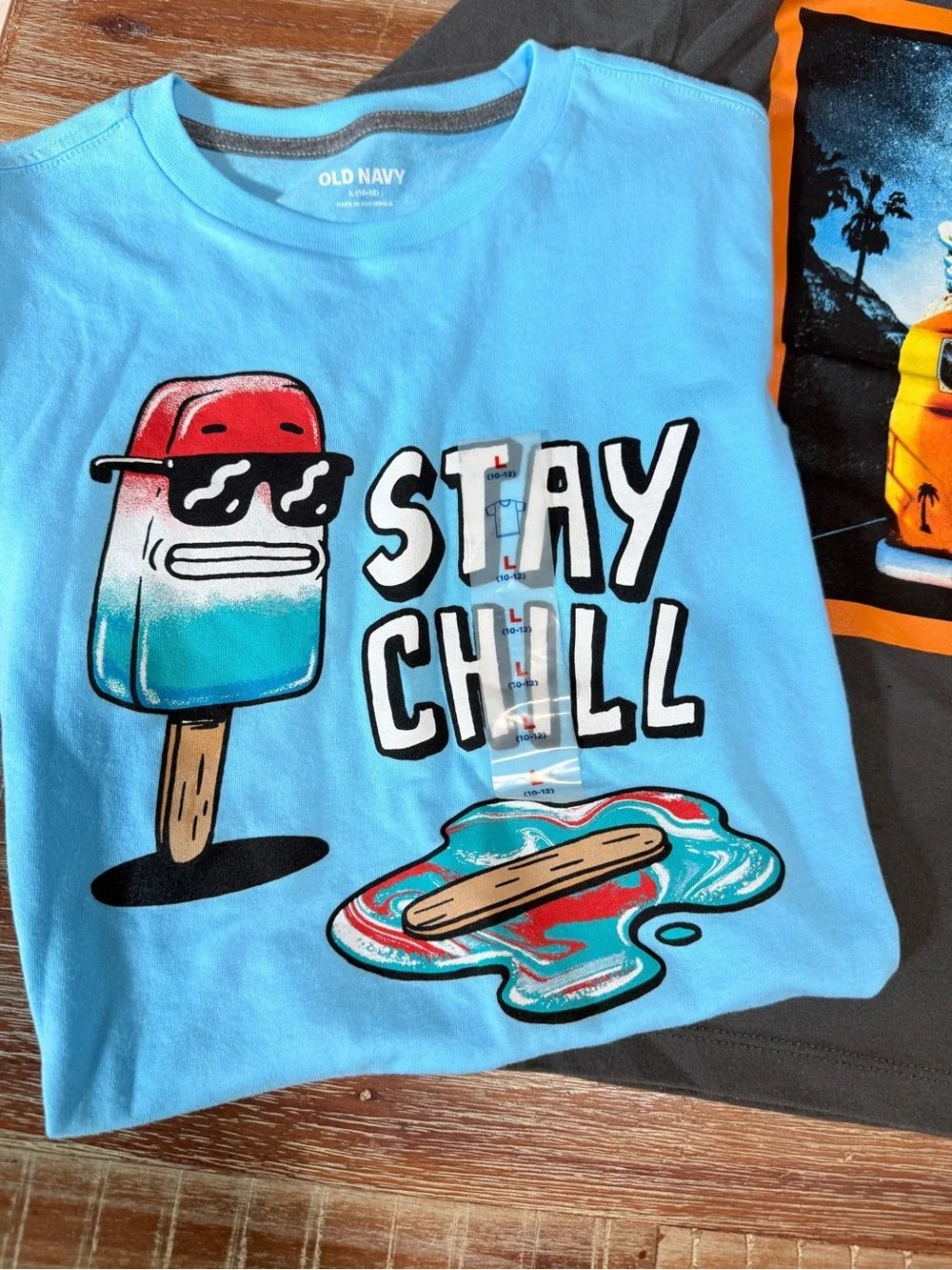 Old Navy Light Blue & Charcoal Graphic Tees - 'Stay Chill' & Van Print